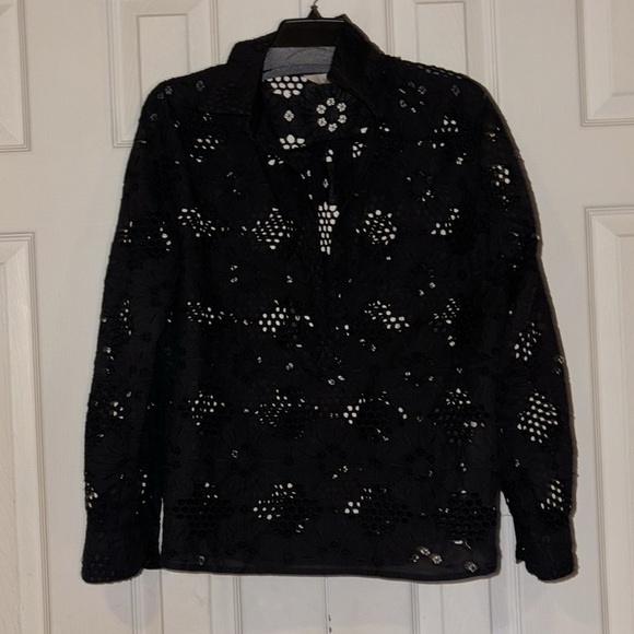 Adiva Black Lace Blouse  shirt with lace collar Sz L - Picture 1 of 8